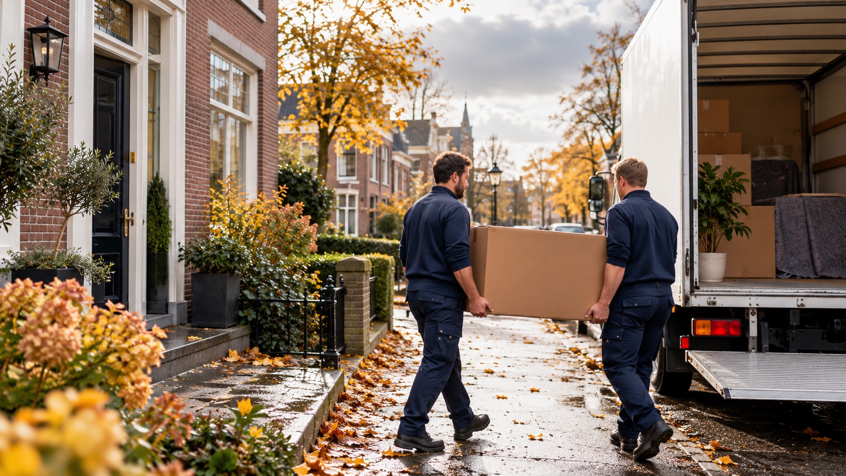 Verhuizers dragen een verhuisdoos naar de verhuiswagen op een herfstdag